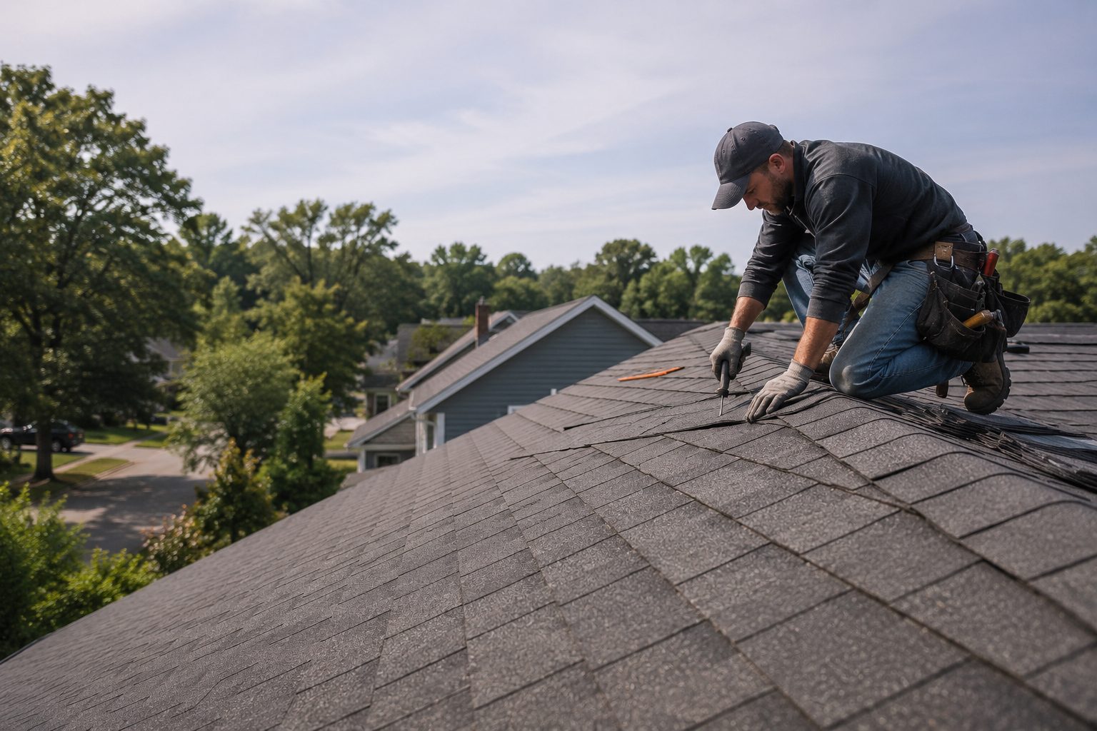 Roofer repairing shingles on a residential roof